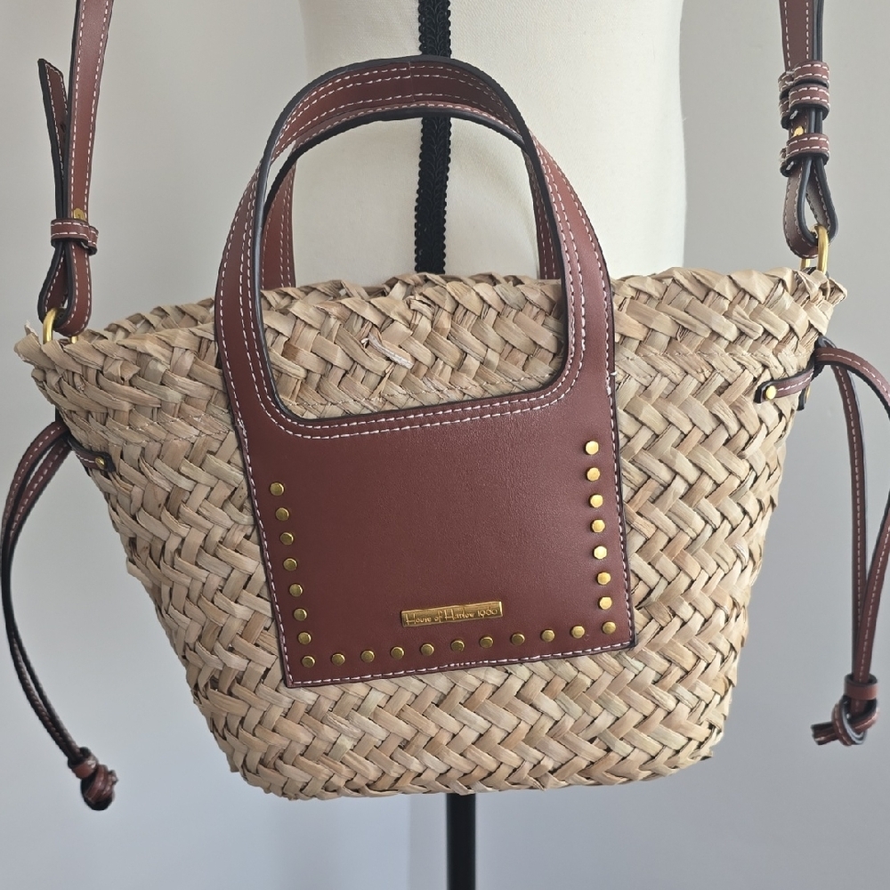 House of Harlow 1960 Woven Straw and Brown Crossbody Bag - Picture 2 of 7